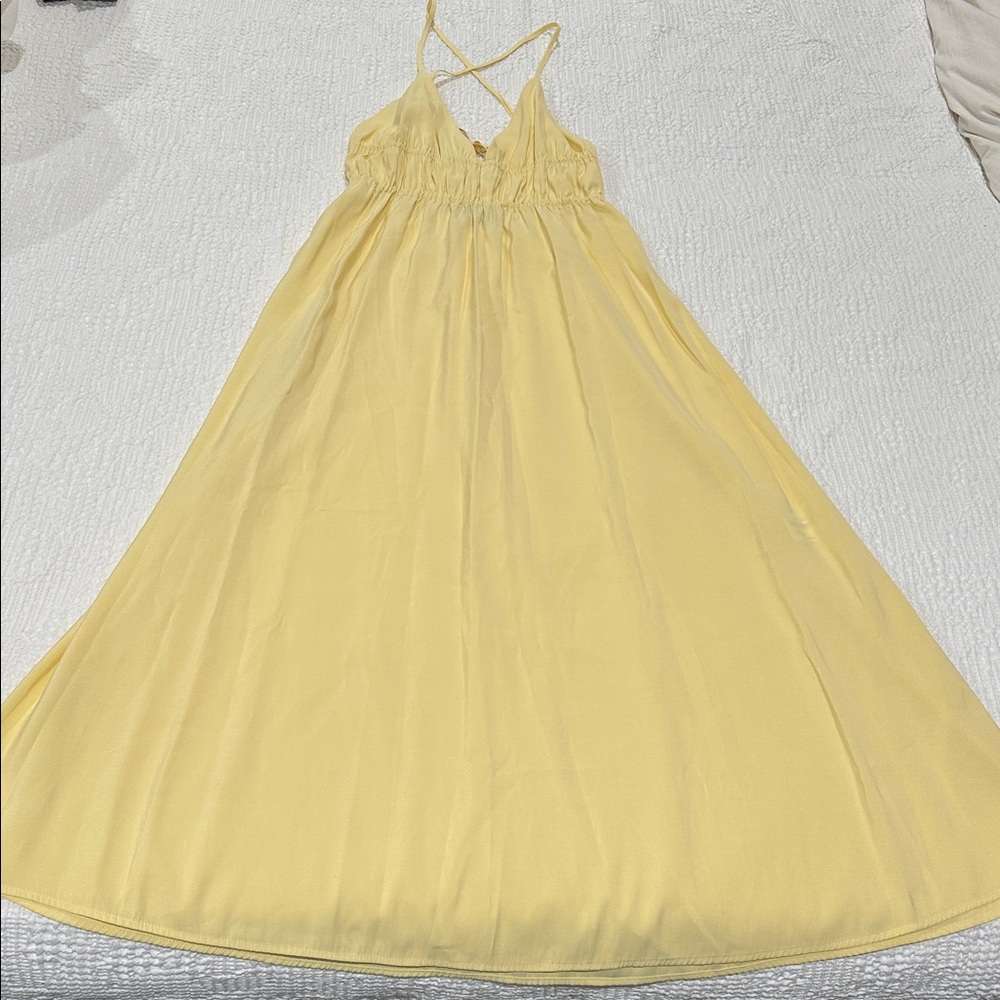ZARA Butter Yellow Flowy Midi Dress XS Maxi A-line Sundress Strappy Open Back - Picture 7 of 15